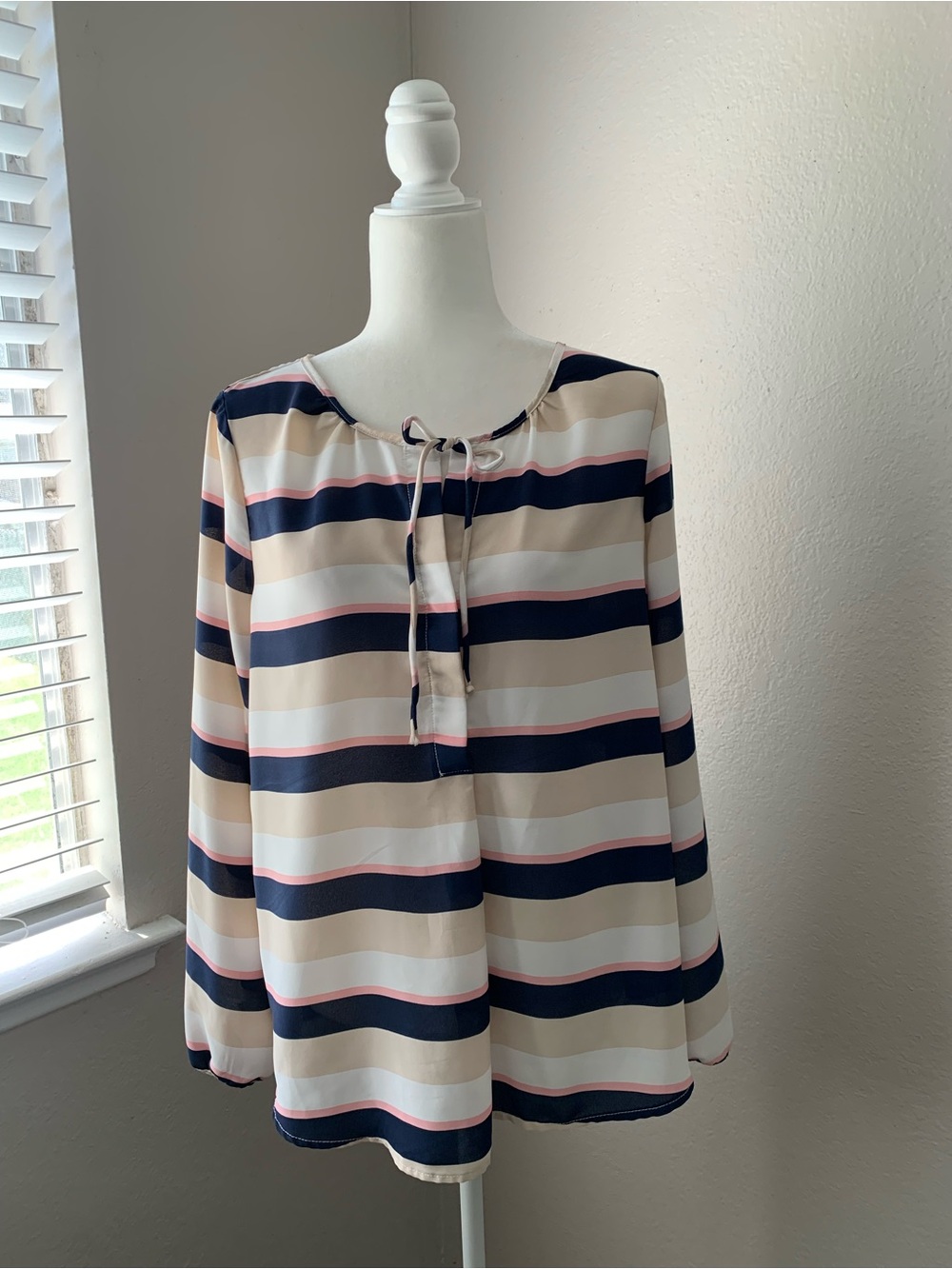 Gibson Navy, Cream & Pink Striped Tie-Neck Blouse